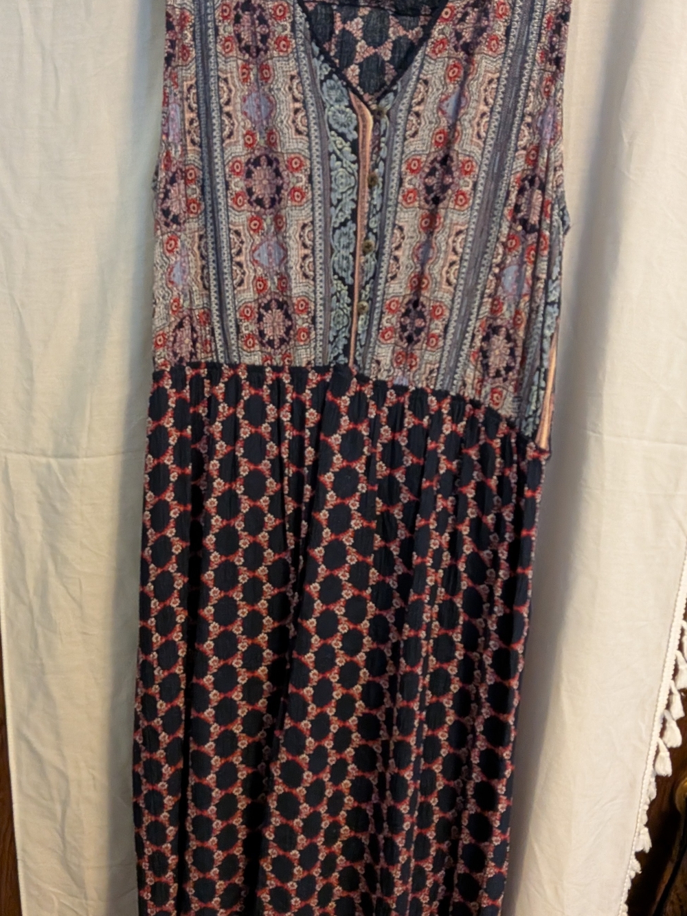 Artisan Patterned Maxi Dress in Navy and Coral
